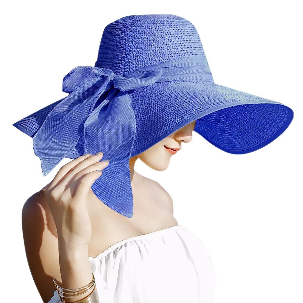 4733 5.7 Inches Big Bowknot Straw Hat Large Floppy Foldable Roll up Beach